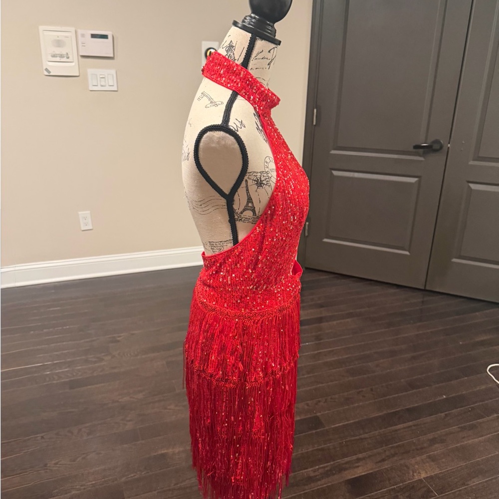 Red Sequin Fringe Halter Dress